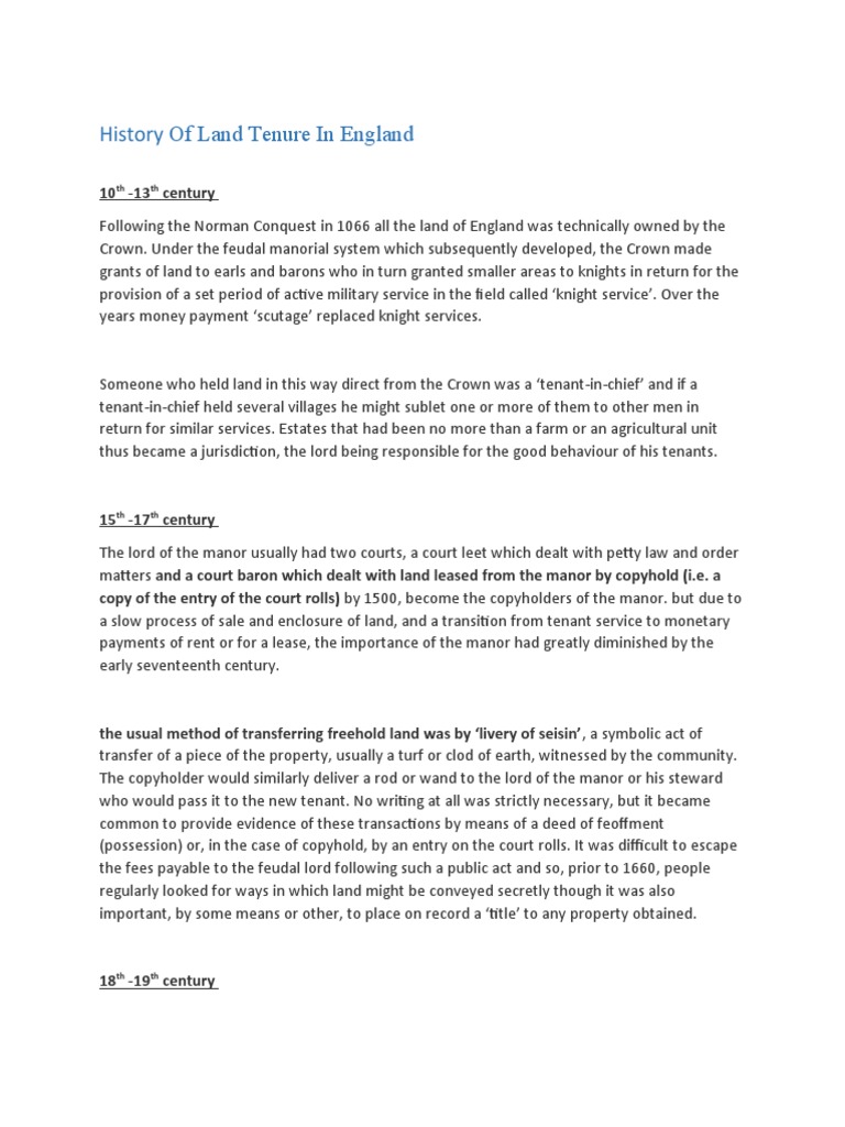 History of Land Tenure in England PDF Deed Lease