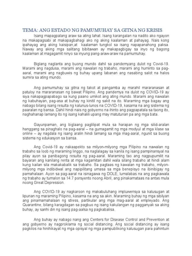 Tema: Ang Estado NG Pamumuhay Sa Gitna NG Krisis | PDF