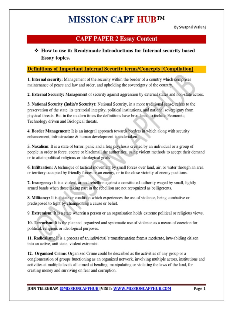 Definitions of Important Internal Security Terms & Concepts Compilation Download Free PDF