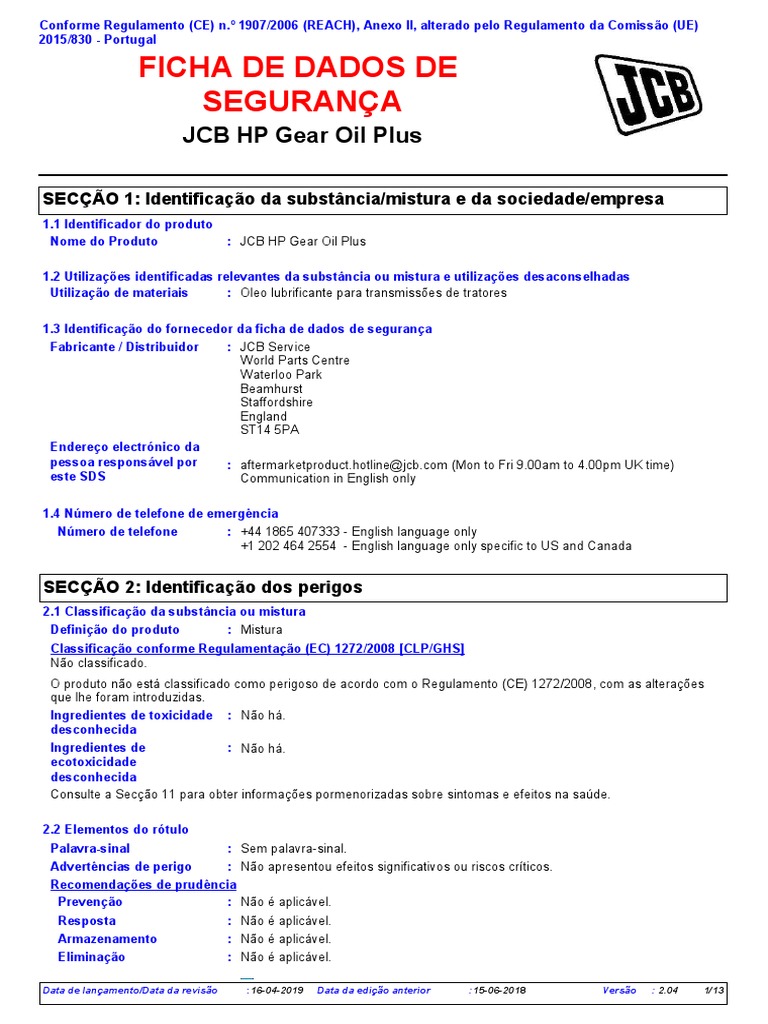 JCB HP Gear Oil PlusPT Download grátis PDF Desperdício Águas