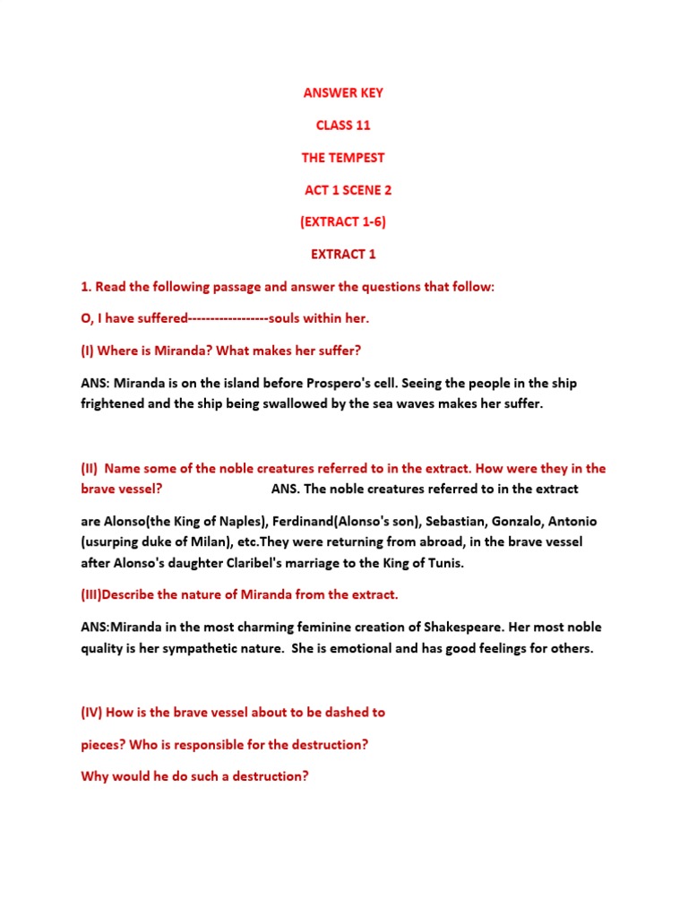 Answer Key Class 11 The Tempest Act 1 Scene 2 (EXTRACT 1-6) | PDF | The ...