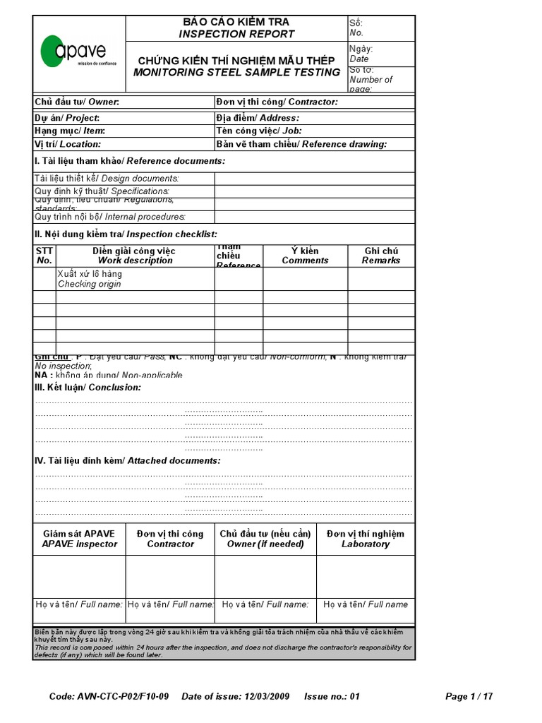 Inspection Report Monitoring Steel Sample Testing: Báo Cáo Kiểm Tra ...