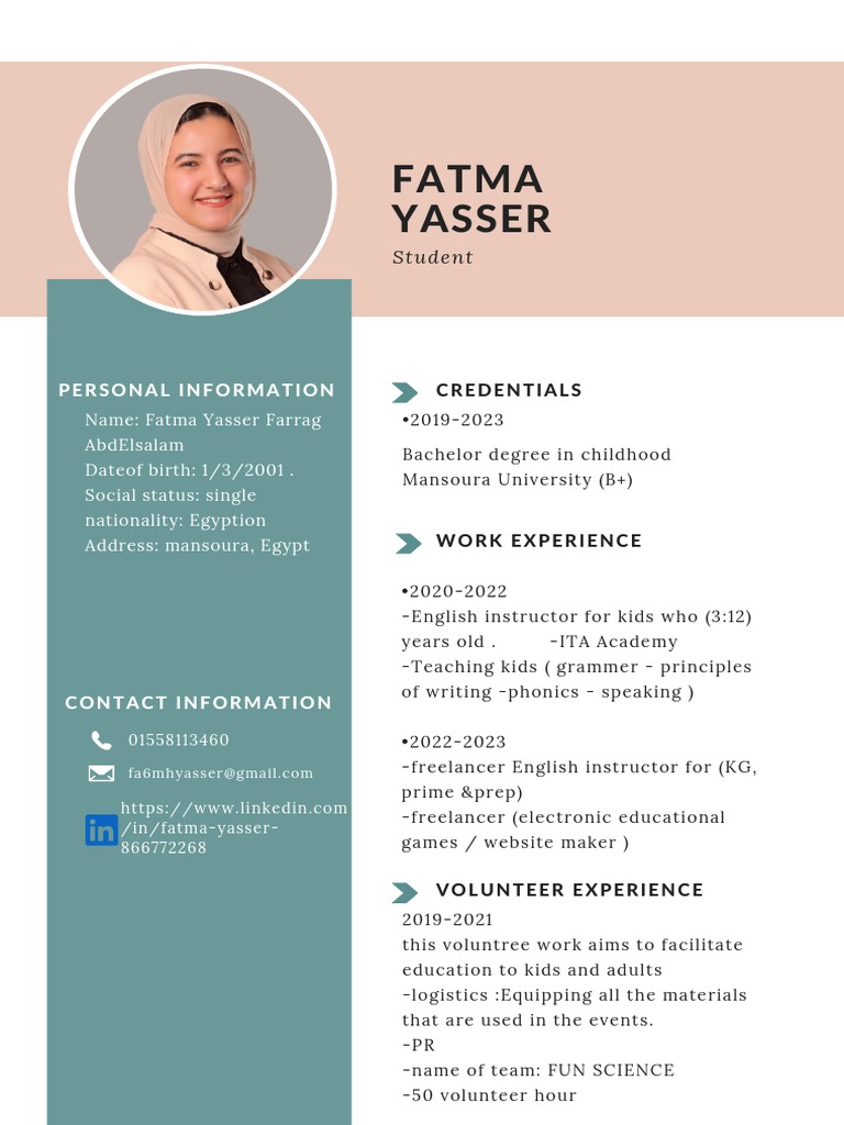Fatma Yasser: Teaching & Volunteer Profile | PDF | Teachers | Schools
