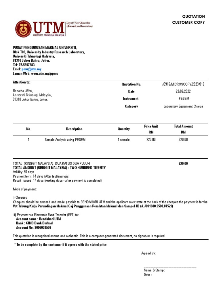 FESEM Quotation for UTM Laboratory | PDF | Cheque | Financial Services