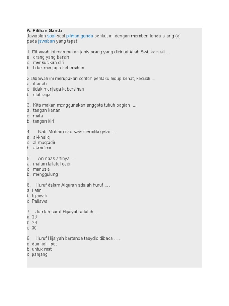 Soal Uas Pai Kelas 6 Sd Semester 1 Kunci Jawaban Pas Pendidikan Agama