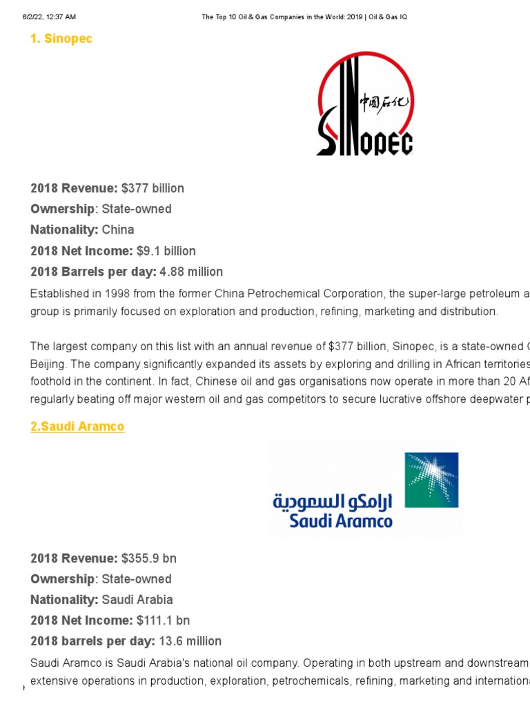 The Top 10 Oil & Gas Companies in The World 2019 Oil & Gas IQ PDF