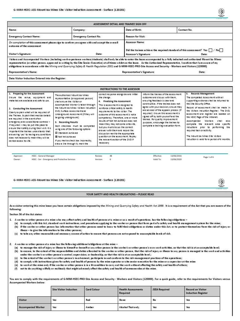 Mount Isa Mines Visitor Induction Assessment | PDF | Occupational ...