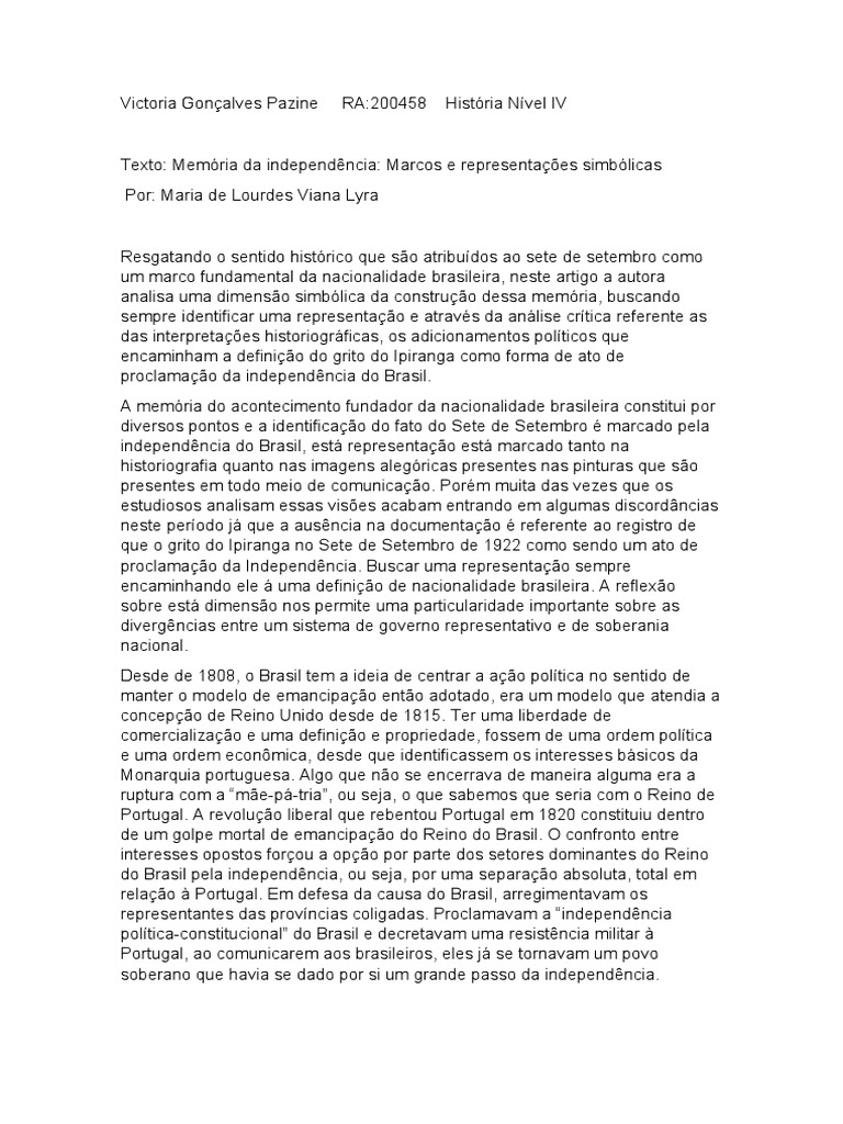 A Construção da Memória da Independência do Brasil: Marcos Históricos e ...