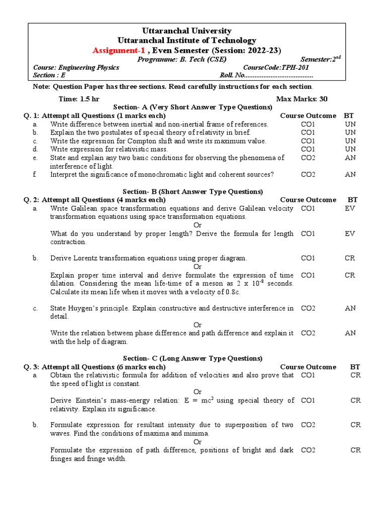 Engineering Physics Exam Paper | PDF | Special Relativity | Physics