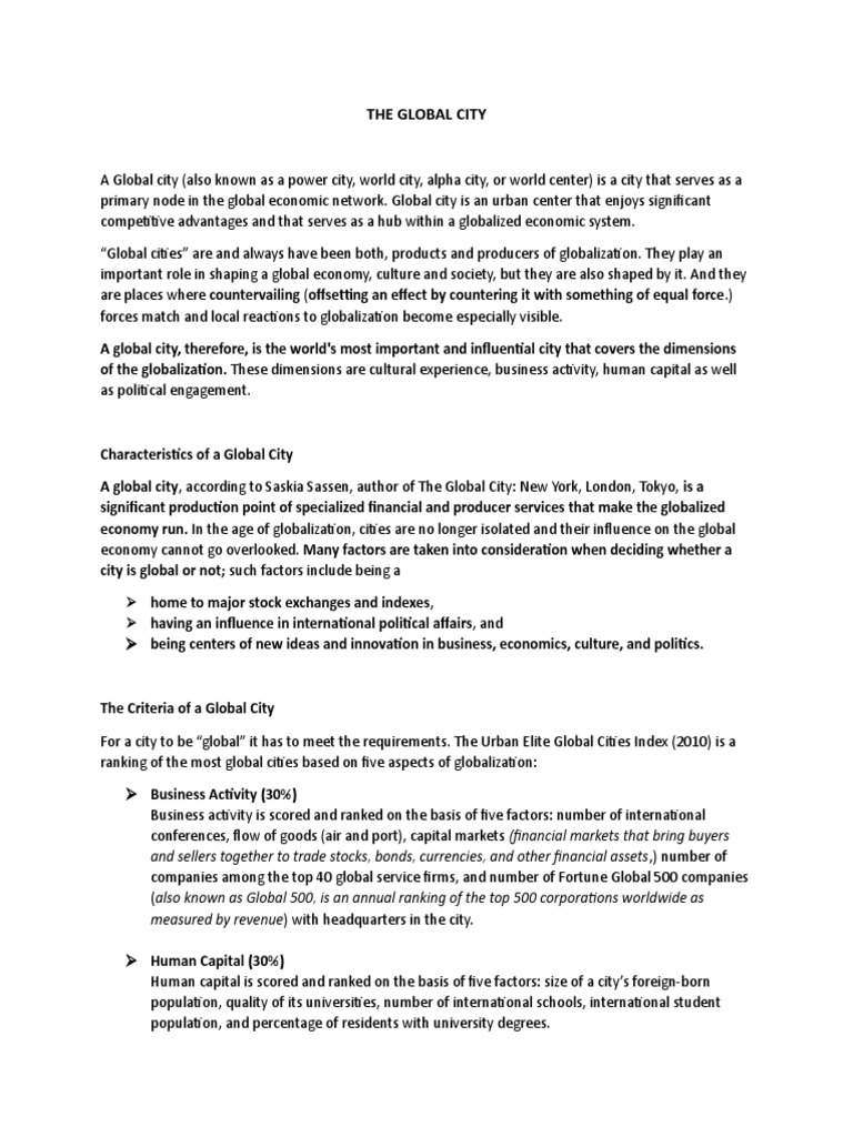 Understanding Global Cities Defining Characteristics, Criteria, and