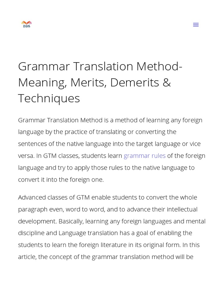 Grammar Translation Method Meaning Merits Demerits Techniques