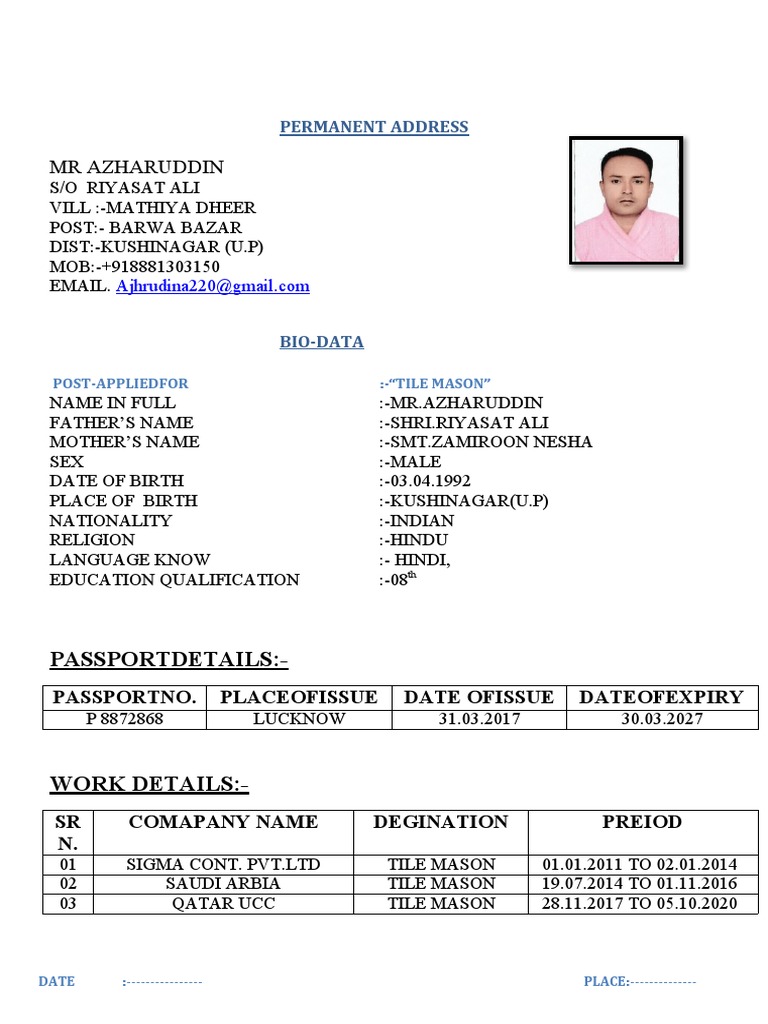 Azharuddin's BioData and Resume for the Position of Tile Mason PDF