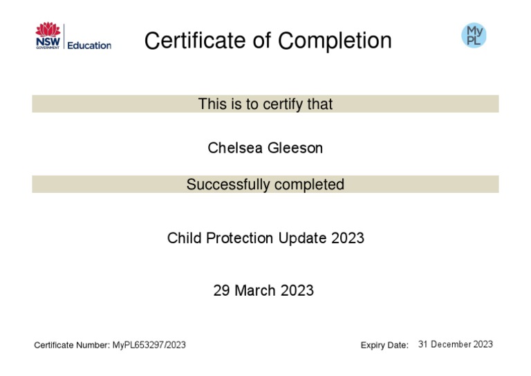Certificate For Chelsea Gleeson in Child Protection Update 2023 PDF