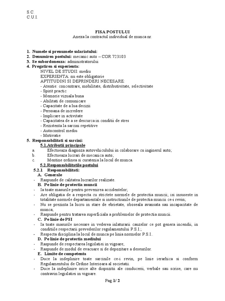 FISA POSTULUI Mecanic Auto - Formular | PDF