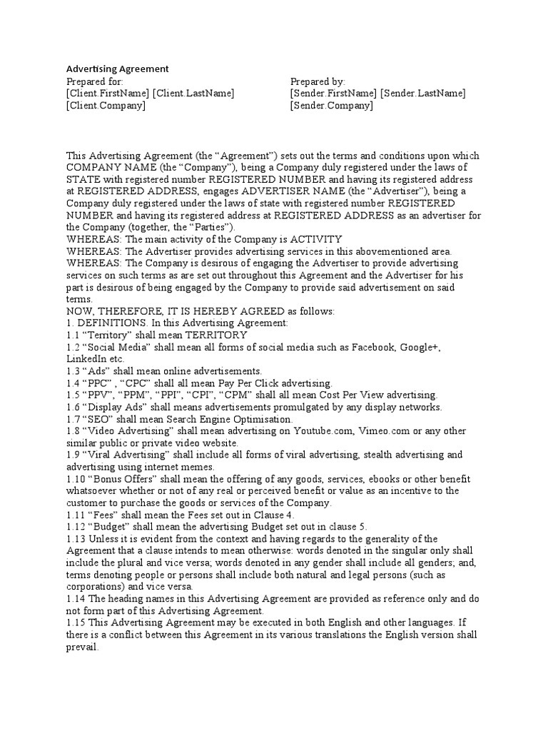 Advertising Agreement Template | PDF | Advertising | Indemnity
