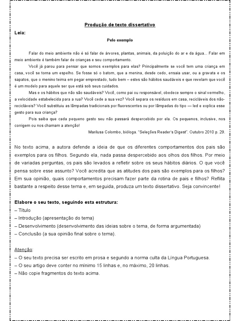 Atividade de Portugues Producao de Texto Dissertativo 1º Ano Do Ensino ...