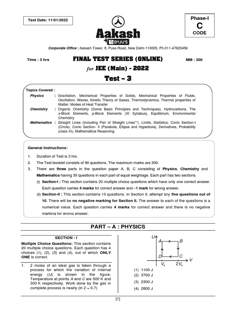 JEE Main 2022 Final Test Series - Test 3 | PDF