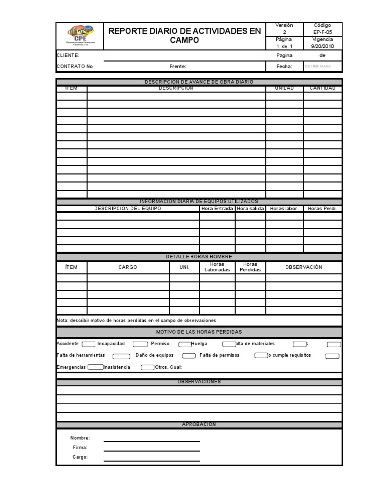 Formato Reporte Diario de Actividades en Campo EPF05