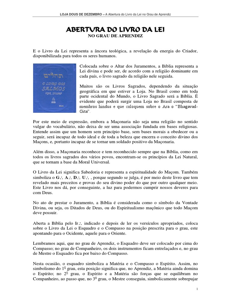 ABERTURA DO LIVRO DA LEI Grau 1 | PDF | Loja Maçônica | Maçonaria