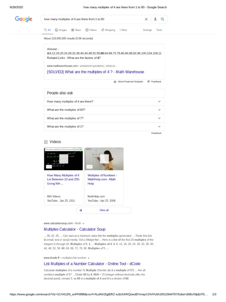 How Many Multiples of 4 Are There From 1 To 60 - Google Search | PDF ...
