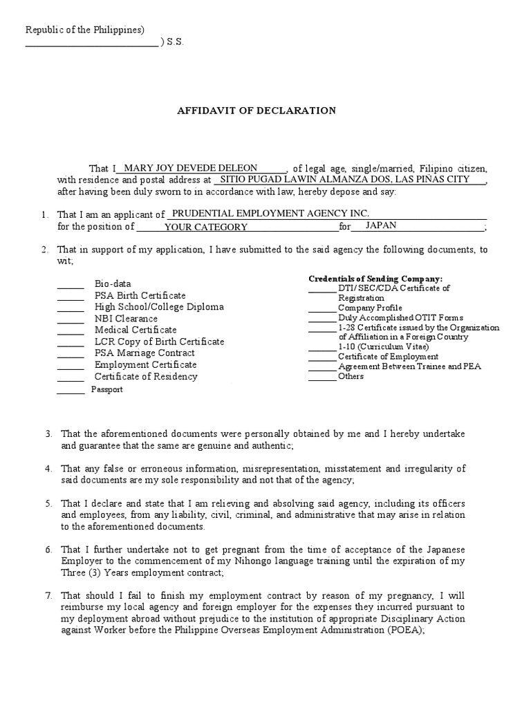 Affidavit of Declaration for Employment | PDF | Affidavit | Document
