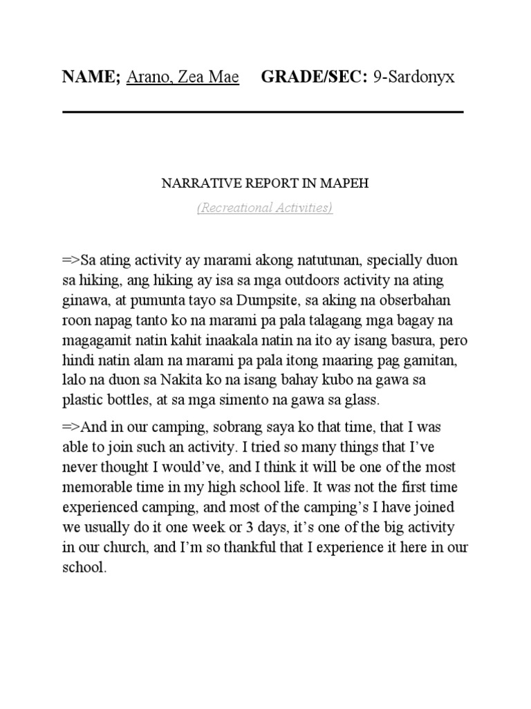Narrative Report PDF Hobbies Outdoor Recreation