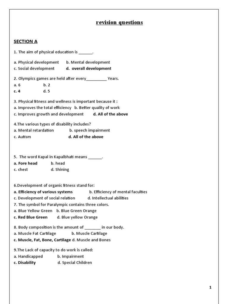 Class 11 CFE REVISION MCQ Questions PDF Olympic Games Yoga