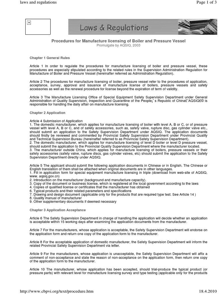 Procedures For Manufacture Licensing of Boiler and Pressure Vessel