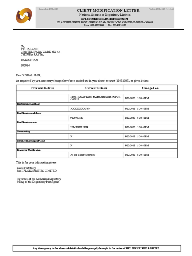 Client Modification Confirmation Letter | PDF