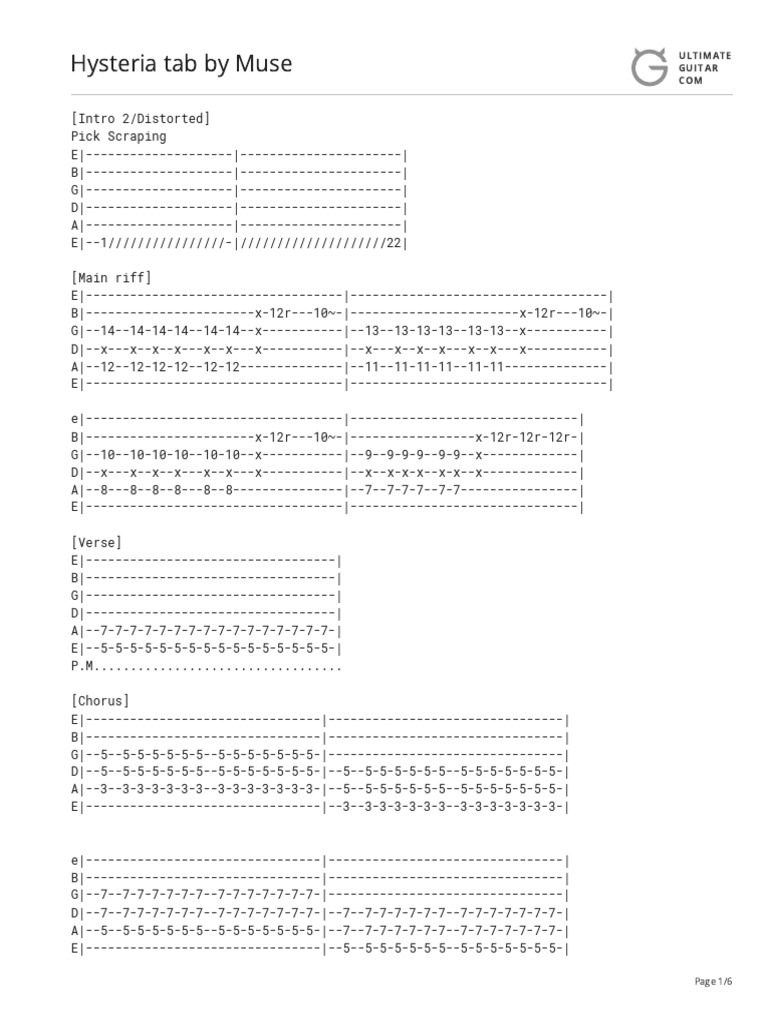 Hysteria tab by musetabs at ultimate guitar archive pdf popular