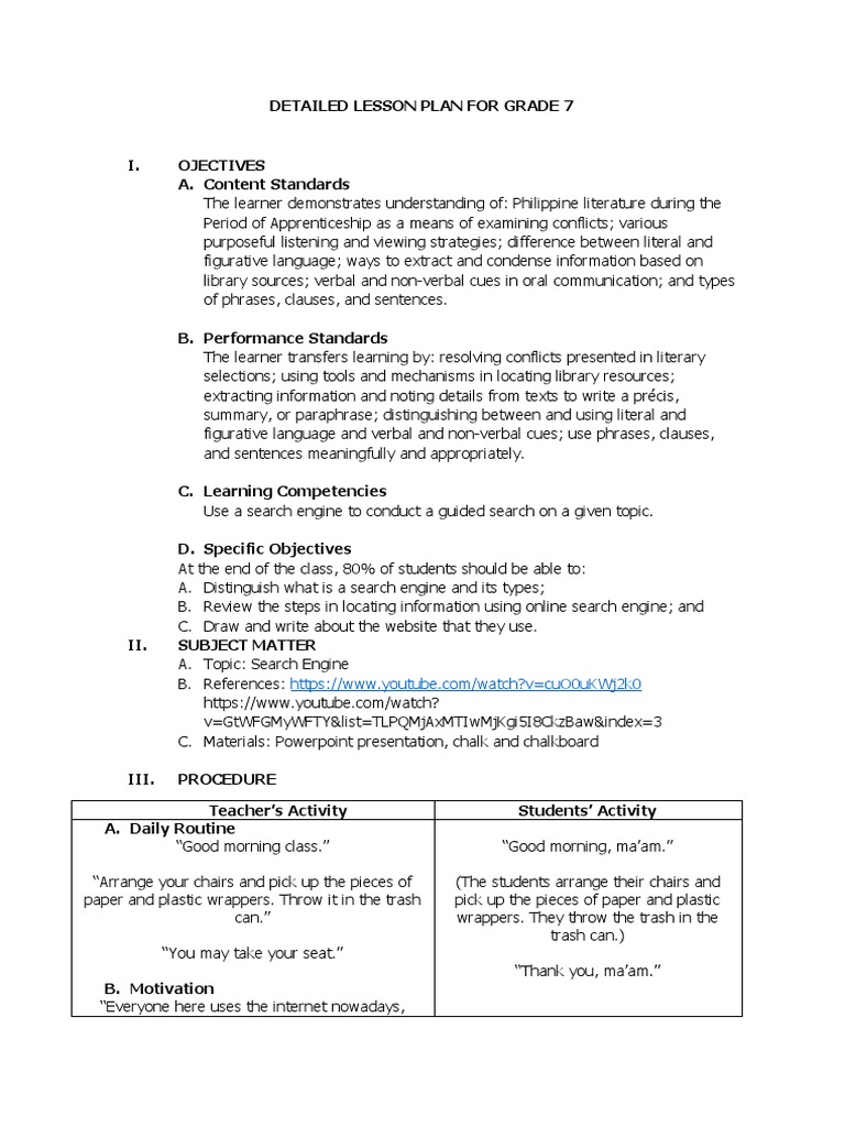 Grade 7 Lesson Plan: Search Engines | PDF | Cognitive Science | Cognition