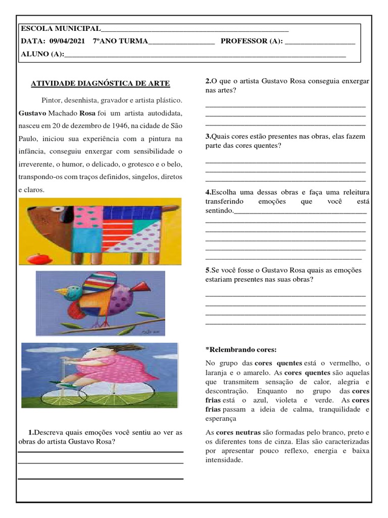 Atividade de Arte: Gustavo Rosa 7º Ano | PDF | Cor | Experiência