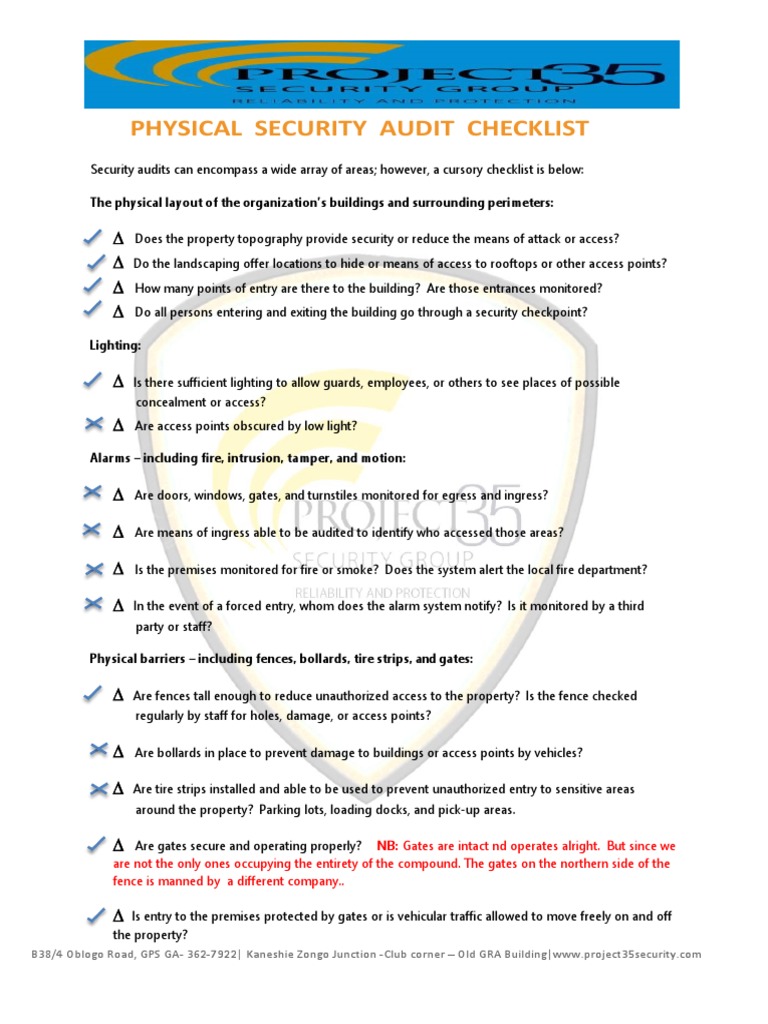 Physical Security Audit Checklist | PDF | Securities | Security Technology