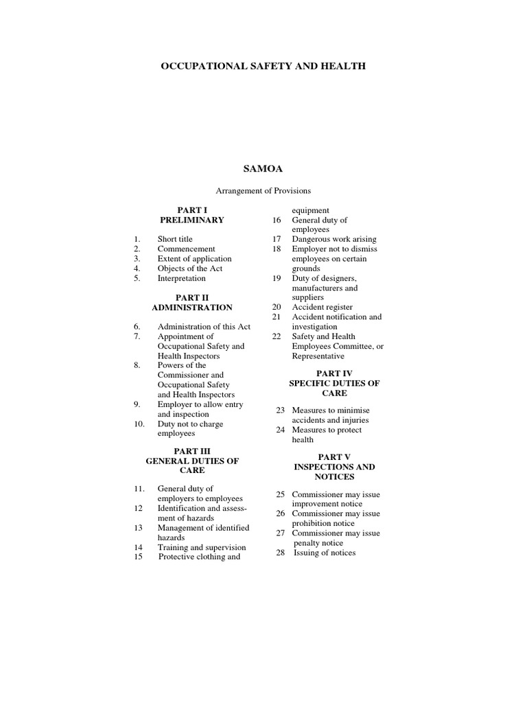 Samoa Occupational Safety Act 2002 | PDF | Occupational Safety And ...
