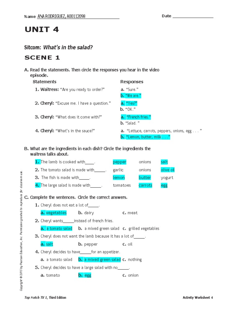 UNIT 04 Video Worksheets | PDF | Salad | Desserts