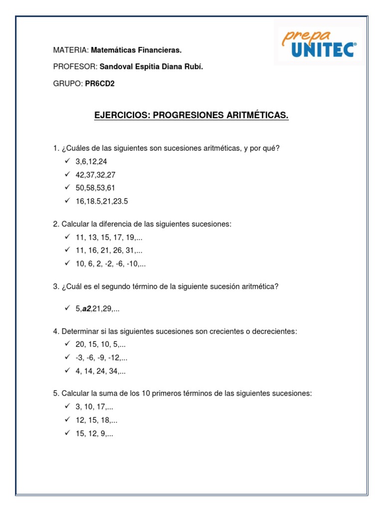 Ejercicios de Progresiones Aritméticas | PDF