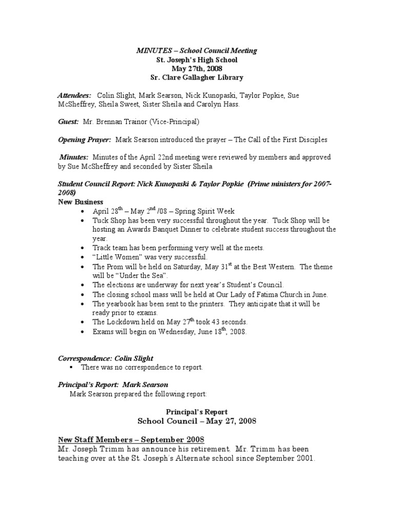 St. Joseph's School Council Meeting Minutes | PDF