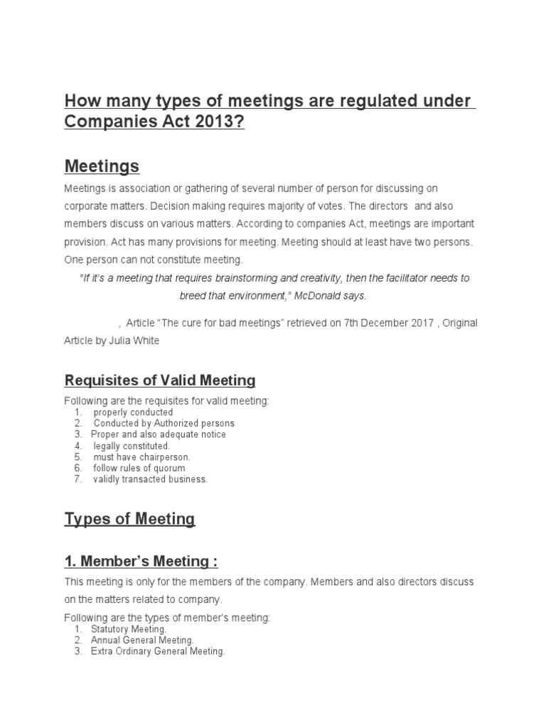 How many types of meetings are regulated under companies act 2013 pdf