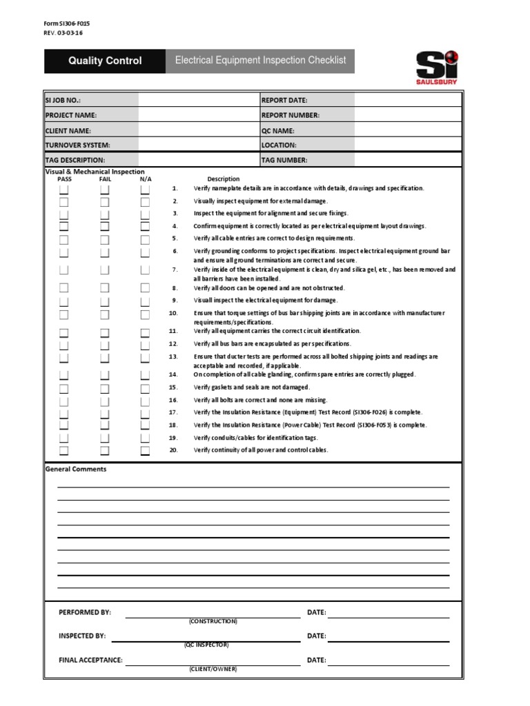 SI306F015 Electrical Equipment Installation Checklist PDF
