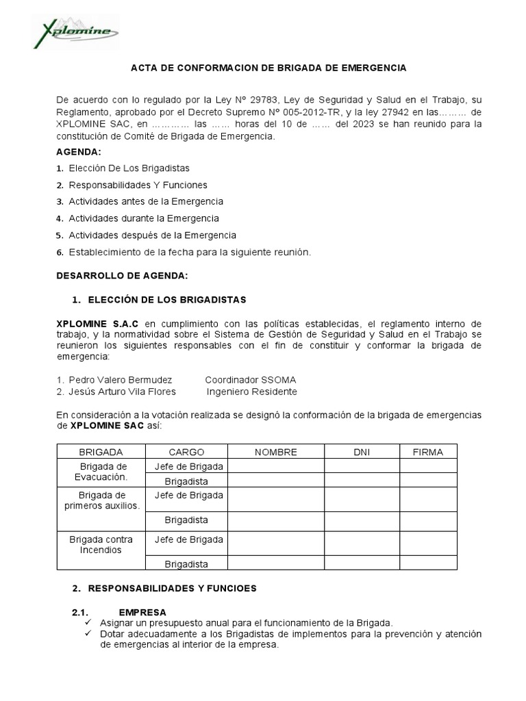Acta de Conformación de Brigada de Emergencia | PDF