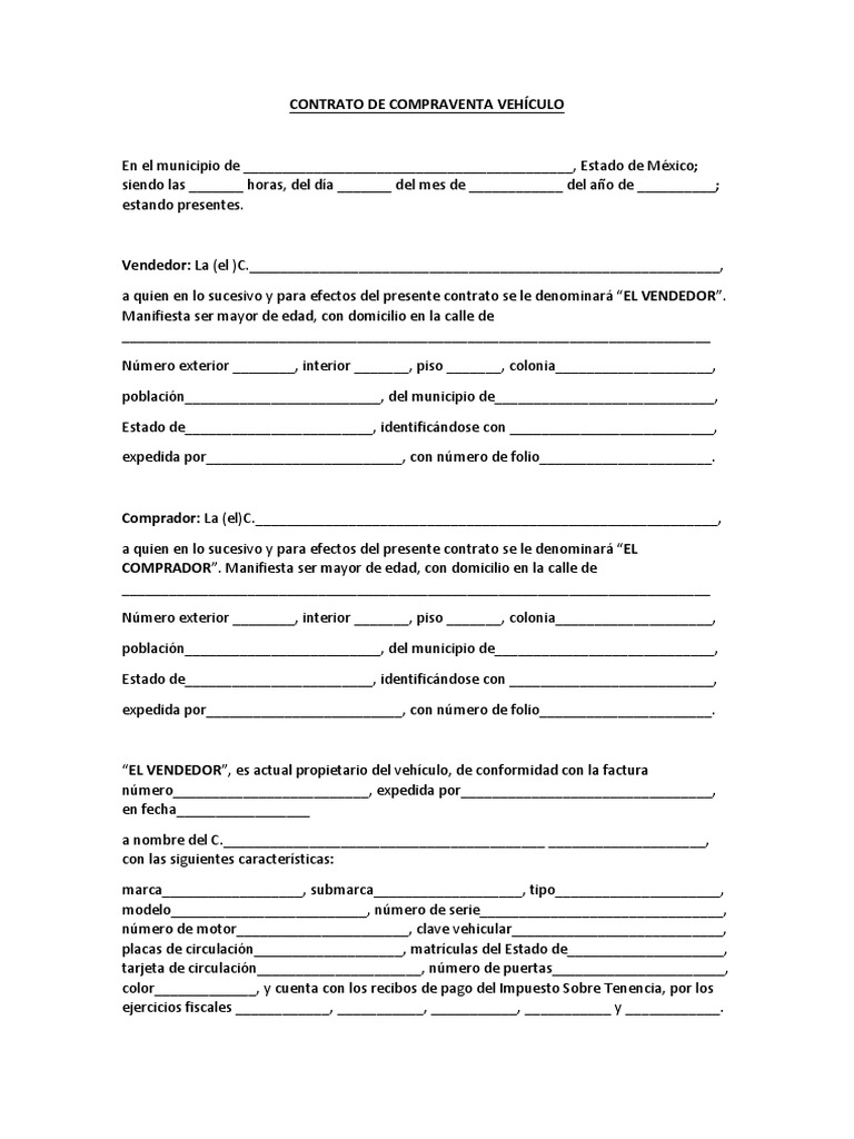 Contrato de Compraventa de Vehiculo Sencillo Mexico PDF | PDF | Ley ...