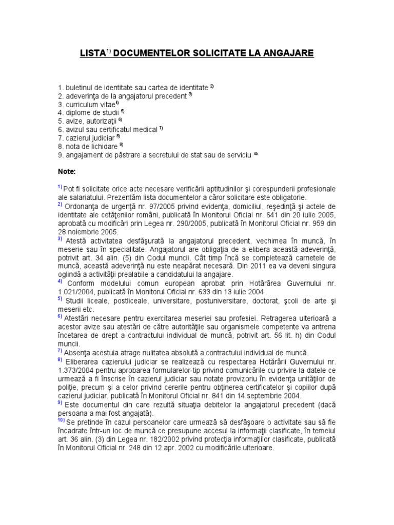 Lista Documentelor Solicitate La Angajare | PDF