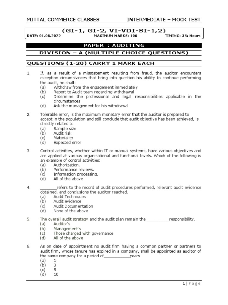 Auditing Mock Test for Students | PDF