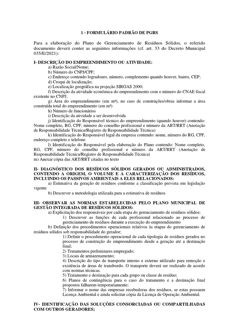 FORMULARIO_PADRAO_DE_PGRS | PDF | Desperdício | Materiais