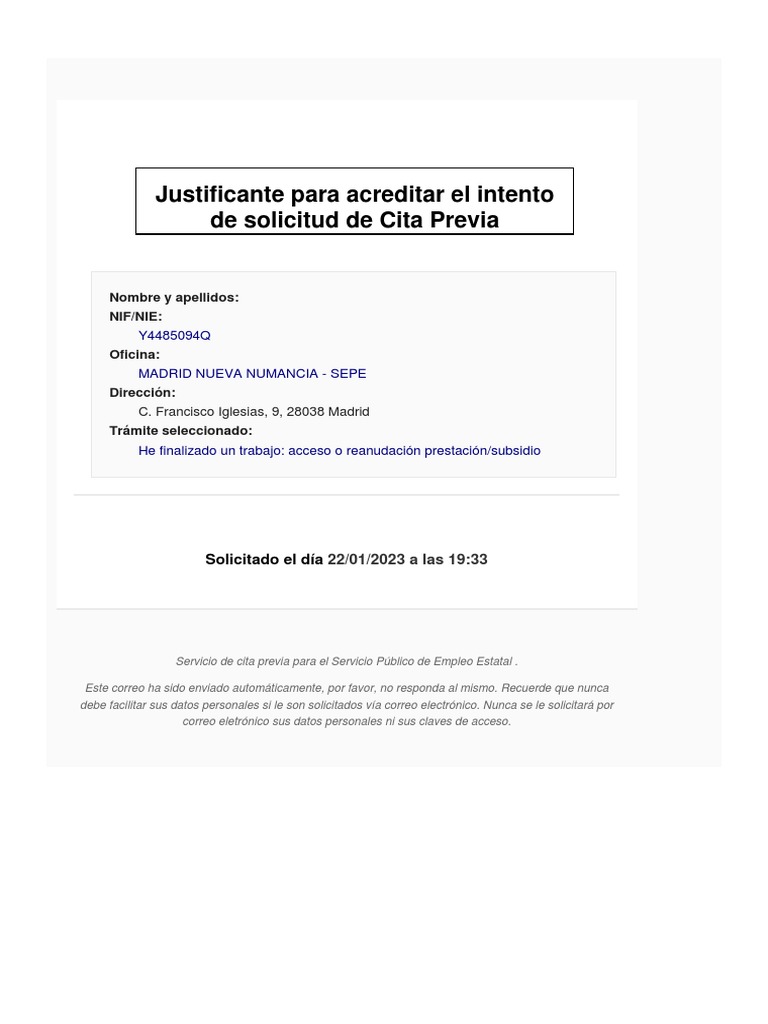 Justificante de Cita Previa SEPE | PDF
