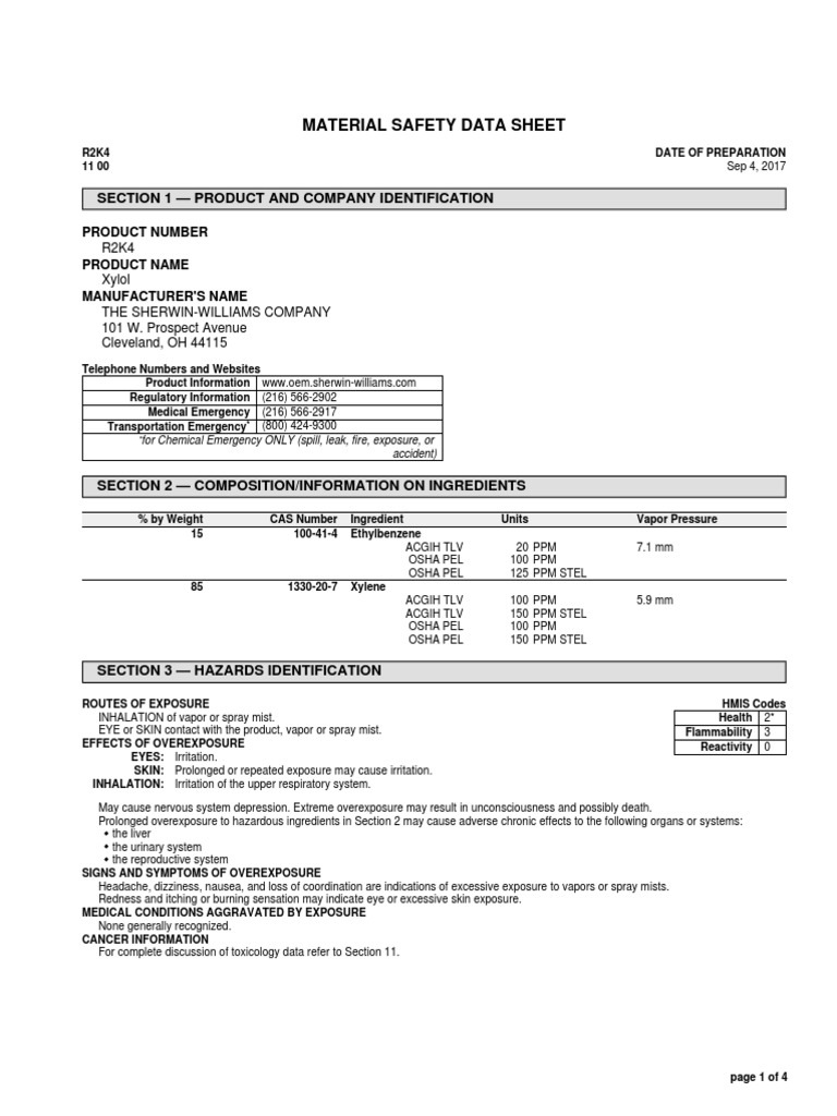Xylene R2K4 Sherwin Williams Download Free PDF Volatile Organic