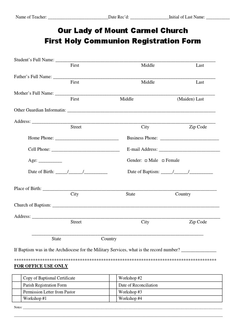 First Holy Communion Registration Form | PDF | Christian Soteriology ...