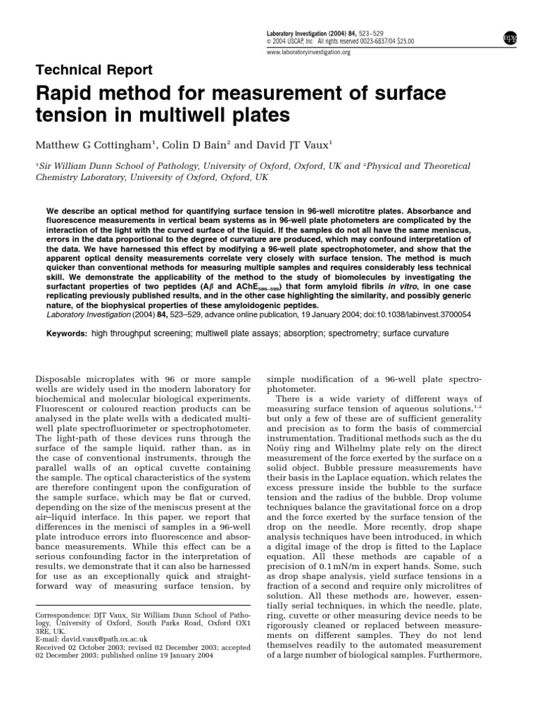 Cottingham, Bain, Vaux 2004 Rapid Method For Measurement of Surface Tension in Multiwell