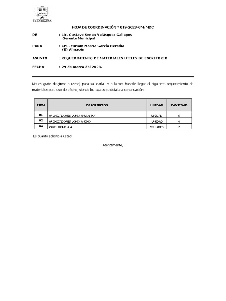 Hoja de coordinaci n 019 2023 material utiles pdf