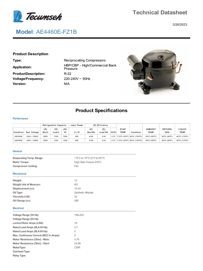 Technical Datasheet for AE4460EFZ1B Reciprocating Compressor